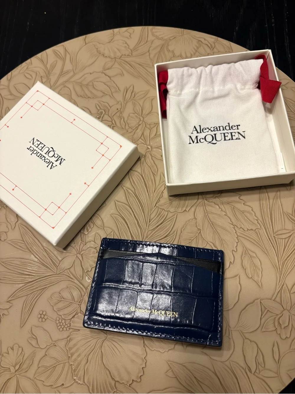 Alexander McQueen Navy Croc-Embossed Card & Key Holder with Gold Skull